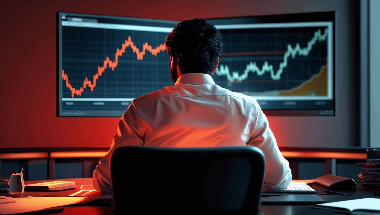 a pc showing graphs going up, in an office, a risk manager from behind sitting, doing calcs, realistic orange_read and black shadows (1)